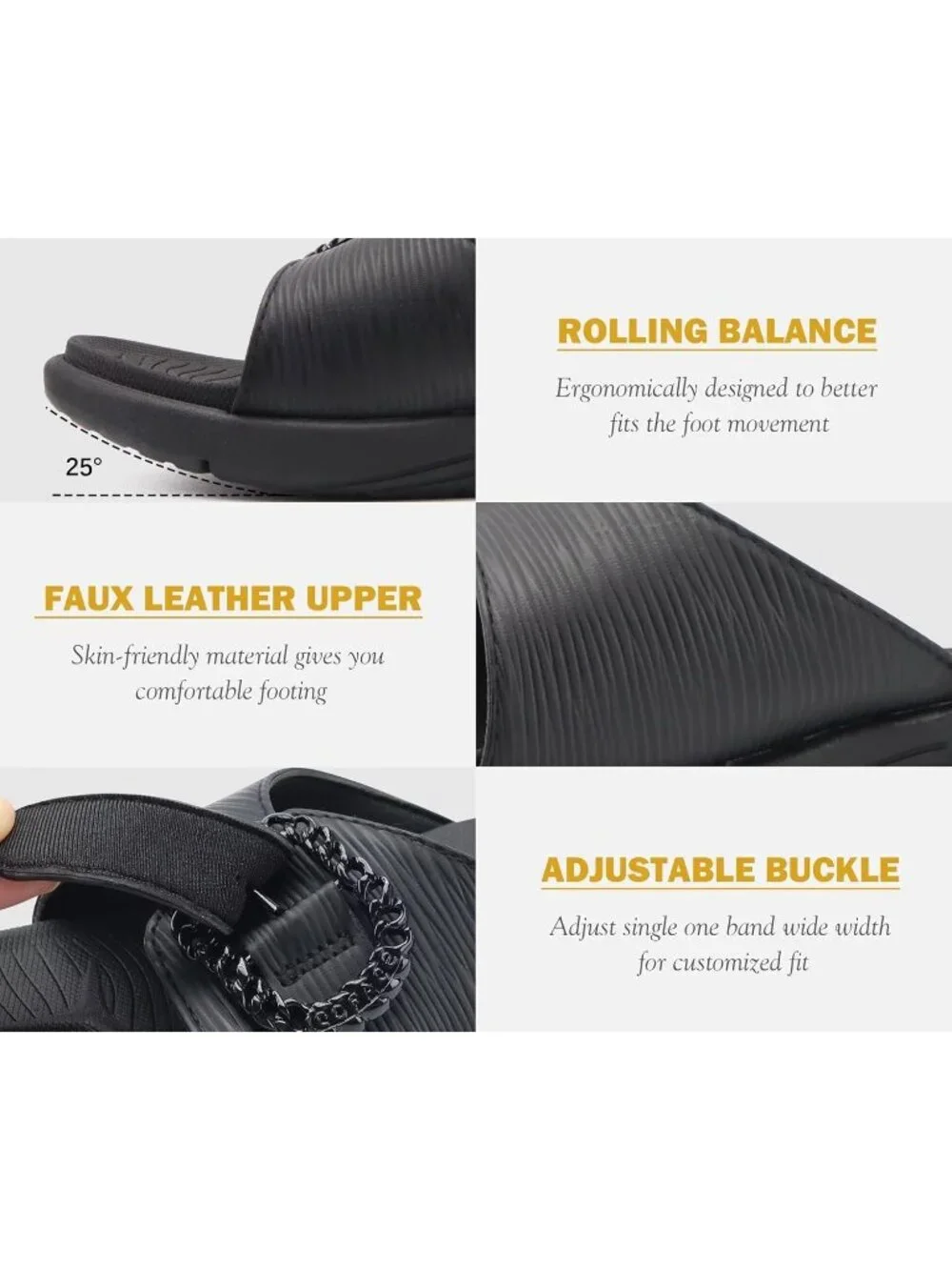 Women's Black Faux Leather Comfortable Recovery Walking Adjustable Slip On Flats